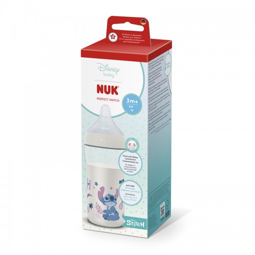 NUK Perfect Match Temperature Control Bottle with Soft Silicone Teat 260ml | Disney Stitch | Made in Germany